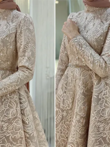 AHUNARE HIJAB - Burç Salmon Lace Embroidered Wedding Dress, Muslim Evening Gown, Nikah, Islamic Wedding, Engagement, Bridesmaid, $353.00