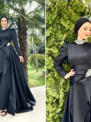 Ahsen Black Satin Tailed Embroidered Ahuanare Wedding Dress, Muslim Evening Gown, Nikah, Islamic Wedding, Engagement, Bridesmaid, $171.00