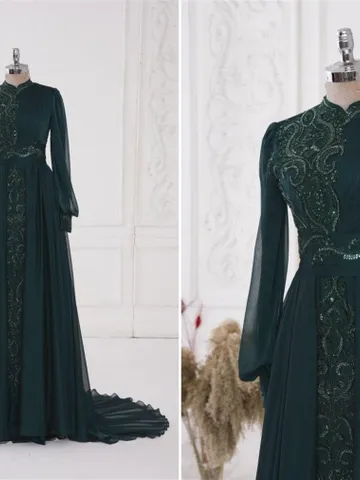 AHUNARE HIJAB - Elit Emerald Chiffon Tailed Wedding Dress, Muslim Evening Gown, Nikah, Islamic Wedding, Engagement, Bridesmaid, $142.00