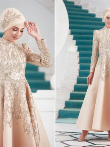 AHUNARE HIJAB - Yıldız Cream Embroidered Wedding Dress, Muslim Evening Gown, Nikah, Islamic Wedding, Engagement, Bridesmaid, $230.00