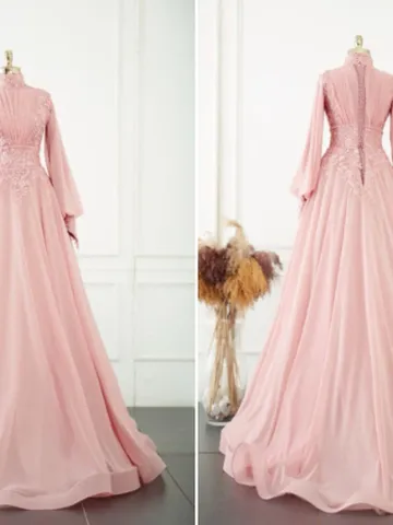 AHUNARE HIJAB - Neva Powder Pink Embroidered Wedding Dress, Muslim Evening Gown, Nikah, Islamic Wedding, Engagement, Bridesmaid, $412.00
