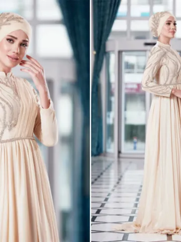 AHUNARE HIJAB - Dila Cream Chiffon Wedding Dress, Muslim Evening Gown, Nikah, Islamic Wedding, Engagement, Bridesmaid, $106.00