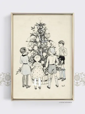 Children Around A Christmas Tree, Vintage Wall Art Sketch, Printable Holiday Decor | 340 $6.00