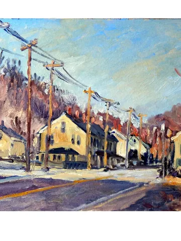 New England Landscape Painting - Houses and Poles- 8x12 Oil on Panel, Plein Air Impressionist Fine Art, Signed Original Cityscape $325.00