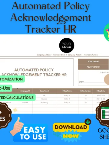 Automated Policy Acknowledgement Tracker HR, Editable Google Sheets, Digital Tool for Employee Compliance Management $8.26