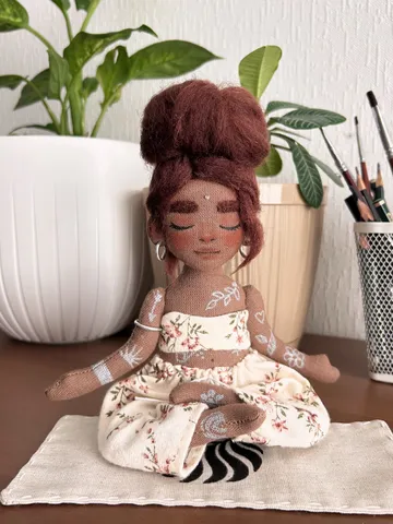 Textile doll yoga girl with dark hair and tattoo $120.00