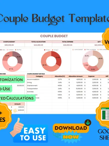 Couple Budget Template, Shared Expense Tracker, Household Finance Planner, Monthly Budget Spreadsheet for Couples $8.90