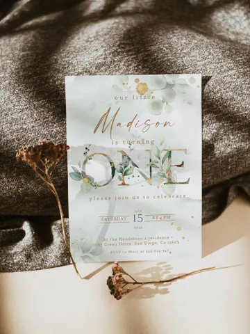 Greenery First Birthday Invitation; ONE Birthday Invitation; Wizard Baby Birthday Invite; Editable B-day invite template; Green Gold Leaves $12.78