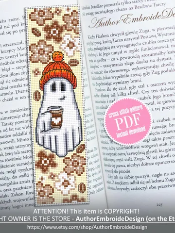 Ghost coffee bookmark cross stitch pattern PDF download Cute ghost cross stitch chart, Coffee Halloween bookmark pattern digital PDF #B367 $4.40