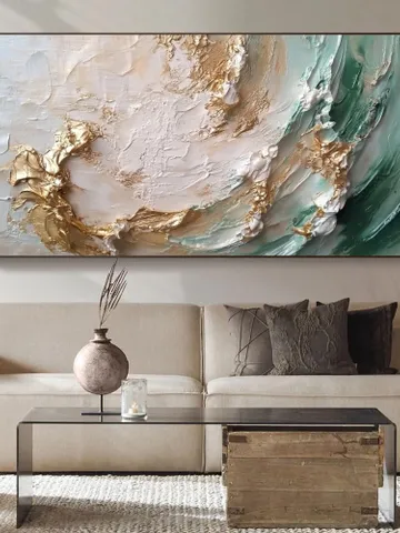 Original Abstract Golden Waves Oil Painting on Canvas | Elegant White, Gold, and Teal Art | Large Textured Wall Decor | Living room Wall Art $133.71