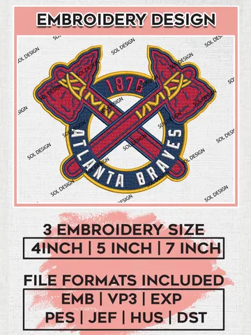 MLB Atlanta Braves Est 1976 Logo Embroidery Files, MLB Atlanta Braves Team Embroidery, MLB Teams, 3 sizes, MLB Machine embroidery designs, Digital Download $6.99