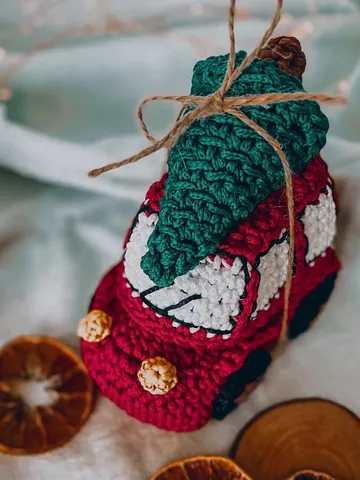 Christmas car with tree, interior basket, crochet decor, gift ornaments, sweet storage $59.00