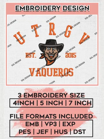 UT Rio Grande Valley Vaqueros Est 2015 Embroidery Designs, NCAA UT Rio Grande Valley Vaqueros Team Embroidery, NCAA Team Logo, 3 sizes, Machine embroidery Files, Digital Download $6.99