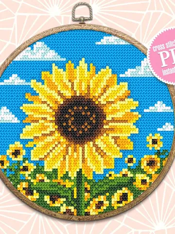 Sunflower cross stitch pattern download PDF, Yellow flowers cross stitch chart, Ukraine sunflower embroidery PDF, Easy beginner stitch #P33 $3.70