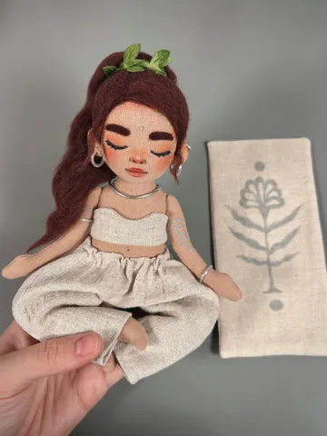 Textile doll yoga girl with brown hair and tattoo $210.00