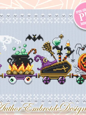 Halloween train cross stitch pattern PDF download Happy Halloween cross stitch chart, Black cat, Spooky ghost, Halloween home decor #H62 $8.50