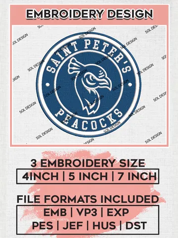 NCAA Saint Peters Peacocks Round Logo Embroidery, NCAA Saint Peters Peacocks Embroidery Design files, NCAA Teams, NCAA Machine embroidery designs, Digital Download