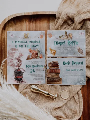 Winter Wizarding World Baby Shower Set; Christmas Magic School Baby Shower Template; School of Wizard Baby Shower invitation template; ms7 $22.95