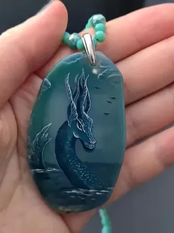 Dragon necklace Painting Dragon on Agate Stone charm Christmas Gift Wrapping $95.00