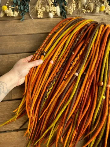 Wool Brown orange mustard green pumpkin, rust red copper Double Ended dreadlocks, Ready to ship $250.00