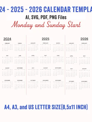 2024-2025-2026 Yearly Calendar, Monday and Sunday Start, One Page Calendar, Transparent Calendar, Ai/Pdf/Svg/Png Calendar Template $6.49