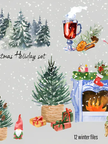 Watercolor Christmas Clipart Scene Creat
