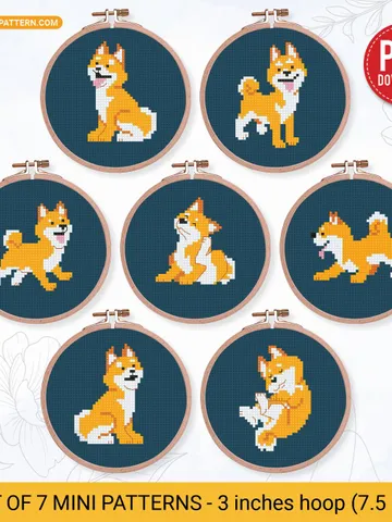 Bundle of 7 mini Shiba Inu dog Cross stitch patterns, puppy, pet, animals, beginner counted, modern chart, gift DIY, embroidery, instant PDF $11.50
