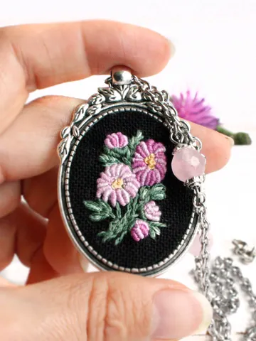 Handmade lilac chrysanthemum necklace with roze quartz beads for women Handmade Japanese wedding gift Purple pink floral long chain pendant $49.00