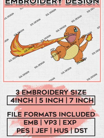 Charmander Nike Fire Embroidery Designs, Charmander Embroidery Files, Pokemon Machine Embroidery Pattern, Digital Download EMB_ANIME_140