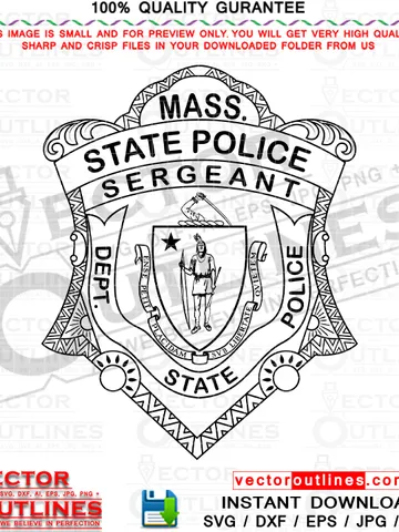 Massachusetts State Sergeant Police Badge Vector Black Outline Cnc Laser Cut File, Engraving, cnc Router File $5.00