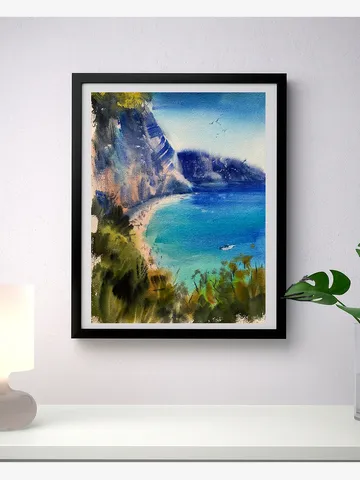 Watercolor landscape seascape painting  blue colours $60.00