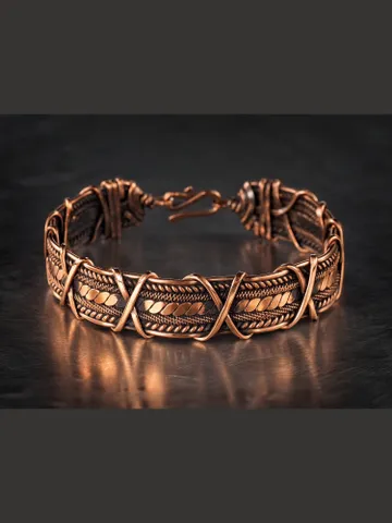 Wire wrapped bracelet, Unique 7th 22nd Anniversary gift idea, Art Nouveau antique style, One of kind braided statement bangle, Handmade oxidized pure copper jewelry, Pain relief, EMF protection $82.00
