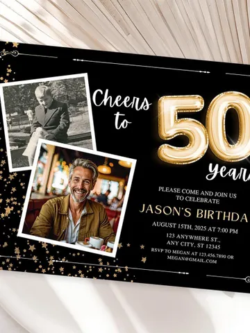 50th Birthday Invitation with Photo Adult Women Men Cheers to 50th Birthday Invite Black and Gold Party Card for Grandma Canva Template $7.00