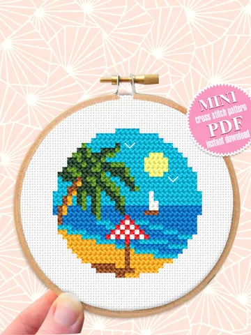 Small cross stitch pattern download PDF Nature palm beach mini embroidery beginners Tiny ocean picture cross stitch Nature lover gift #L42 $2.20