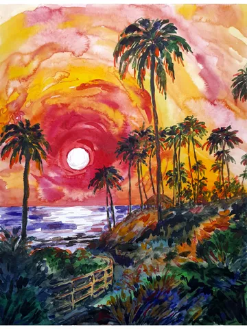 Laguna Beach Painting Sunset Original Art California Painting Watercolor Art Palm Tree Artwork 14 by 11 by TatianaArtShop $145.00