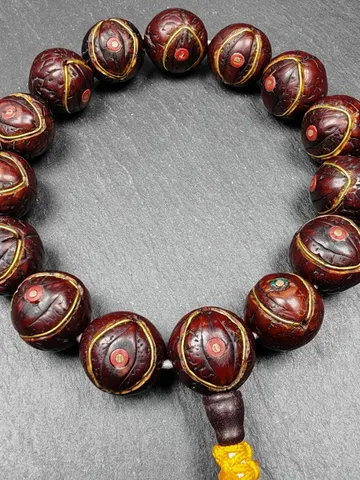 Gandhanra Unique Tibetan Wrist Mala,Old Bodhi Beads Bracelet,Inlaid Copper Wire and Agate,Diameter 17mm,Circumference 20cm $129.99