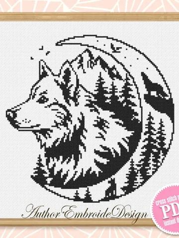 Wolf moon cross stitch pattern PDF download Silhouette wolf cross stitch chart, Monochrome nature pattern digital PDF, Forest landscape #L77 $4.40