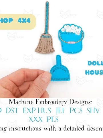 Dollhouse Cleaning Set ITH Embroidery Design, Miniature Felt Broom Dustpan Bucket Pattern 4x4 Hoop, Pretend Play Toy File $3.00