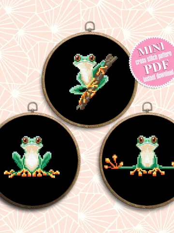 Small tree frog cross stitch pattern PDF Set of 3 frog patterns instant download, Mini cross stitch chart Red eyed tree frog embroidery #K19 $5.50