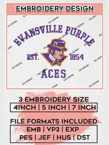 Evansville Purple Aces Est 1854 Logo Embroidery Designs, NCAA Evansville Purple Aces Team Embroidery, NCAA Team Logo, 3 sizes, Machine embroidery Files, Digital Download $6.99