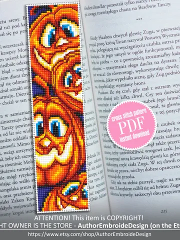 Halloween bookmark cross stitch pattern download PDF Handmade bookmark Pumpkin beginner stitch Kawaii Halloween digital Book lover gift #B57 $4.40