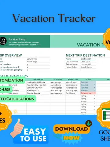 Vacation Tracker Template, Employee Leave Time-Off Tracking Spreadsheet, Easy Holiday Planner for Teams & Businesses, Google Sheets $8.26