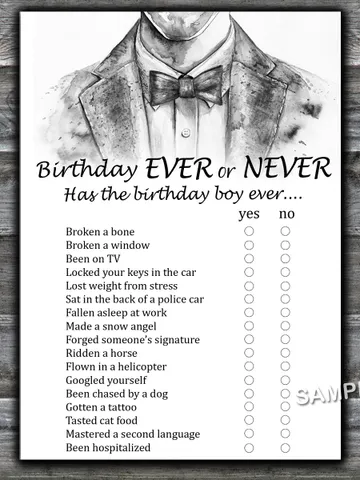 Bow Tie Birthday ever or never game,Birthday Games for Him, Adult Birthday Games, Printable Birthday Games for Him $1.75