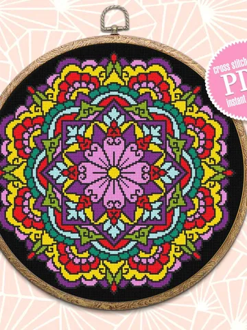 Bright mandala cross stitch pattern download PDF Flower mandala cross stitch chart, Embroidery mandala ornament Modern beginner stitch #M136 $4.60