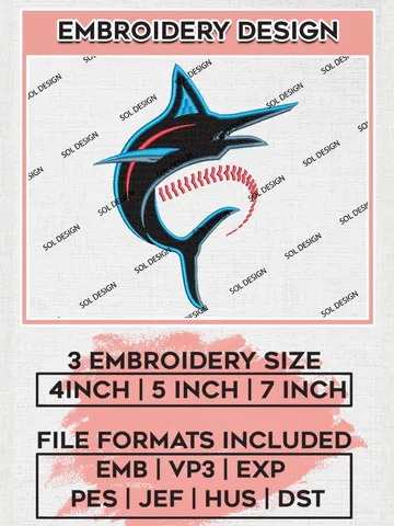 Miami Marlins MLB Logo Embroidery Files, MLB Miami Marlins Team Embroidery, MLB Teams, 3 sizes, MLB Machine embroidery designs, Digital Download $6.99