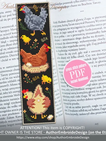 Chicken bookmark cross stitch pattern download PDF Chicken sampler cross stitch chart, Bookmark pattern digital PDF, Hen, Farm animals #B262 $4.40