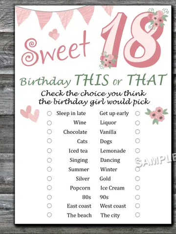 Sweet 18th This or that birthday game,Adult Birthday party game printable-fun games for her-Instant download $1.50