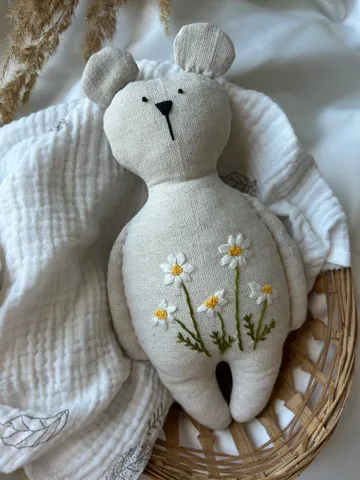 Linen toy, embroidered toy, bear toy $55.00