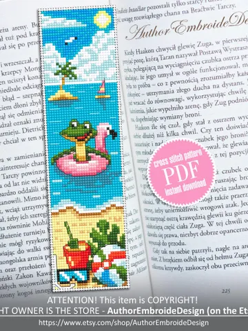 Summer bookmark cross stitch pattern PDF download Funny frog cross stitch chart, Sea bookmark pattern digital PDF, Beach vacation #B449 $4.40