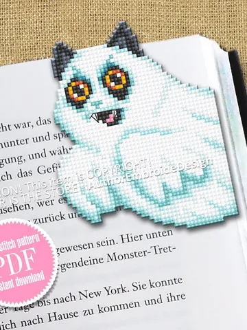 Halloween corner bookmark cross stitch pattern PDF download Ghost cat cross stitch chart, Halloween bookmark pattern digital PDF #B347 $4.10
